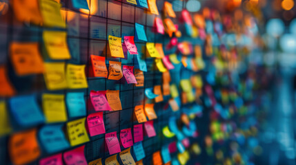 Sticky Note Post It Board Office. Business people meeting at office and use post it notes to share idea. Brainstorming concept. Sticky note on glass wall or blackboard. Set of colorful blank notes.