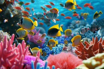 Poster - Colorful tropical fish swimming among vibrant coral reef.