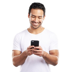 Poster - Isolated man, phone and texting with smile for web chat, contact or reading by transparent png background. Asian person, smartphone and happy with blog, typing and blog with social media in Indonesia