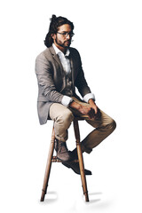 Businessman, chair and fashion of handsome guy on break or waiting on a transparent PNG background. Young man, hipster or model posing in formal clothing, business attire or style with cool attitude