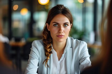 Wall Mural - A woman sits at a table in a restaurant, engaging in conversation and savoring her meal, Businesswoman looking determined and focused during negotiations, AI Generated