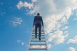 © Iftikhar alam - A professional man dressed in a suit steadily ascends a metal ladder against a buildings exterior, Career progression concept with an employee climbing a corporate ladder, AI Generated