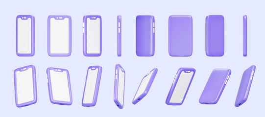 Poster - 3d set of mobile phone rotation render. Cartoon isolated purple smartphone icons with empty white screen mockup, animation with sequence rotating elements, template for game ui design. 3D illustration