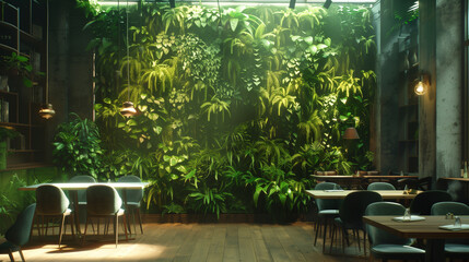 interior of a modern eco friendly restaurant decorated with vertical garden and furniture, green plants in restaurant, sustainable business, go green concept