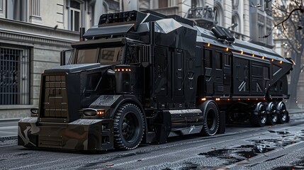 A specification sheet for kit style black military stealth armored truck 18 wheel tractor trailer. 