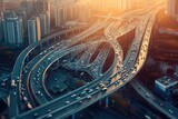 Fototapeta Nowy Jork - This aerial photograph captures a bustling city intersection with multiple lanes of traffic and a complex pattern of roads, City skyline with overlapping highways and bustling traffic, AI Generated