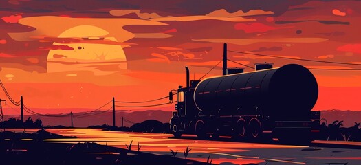 Wall Mural - Heavy machinery and an industrial truck with a fuel tank Vector illustration of a silhouette.