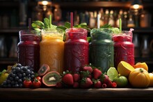 A Colorful Array Of Smoothies And Juices At A Health Bar
