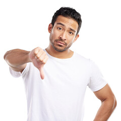 Poster - Isolated man, thumbs down and portrait with sign for choice, feedback and no symbol by transparent png background. Asian person, disapproval and hand with decision, bad review and vote in Indonesia