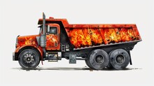 New Model Dump Truck Clipart With Fire Tattoo On Front, Red Tone, White Background