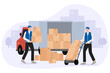 Delivery man with cardboard box and truck. Delivery service concept. Vector illustration
