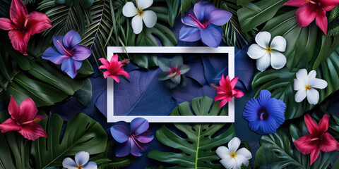Wall Mural - Top view white frame border on tropical plants leaves background, Flat lay minimal
