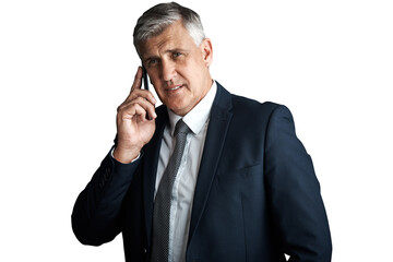 Poster - Portrait, senior and man in business, phone call for deal negotiation and executive isolated on png transparent background. Communication, corporate contact and chat on mobile for company with CEO