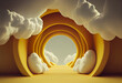A 3D render of an abstract background with clouds inside arch windows on the yellow wall
