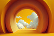 A 3D render of an abstract background with blue sky inside the arch windows on the yellow wall