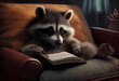 A raccoon lying on the couch reading a book
