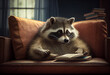 A raccoon lying on the couch reading a book