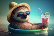A relaxed sloth wearing a summer hat and sunglasses