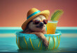 A relaxed sloth wearing a summer hat and sunglasses