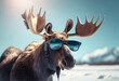 Cute moose in glasses with antlers looks cool