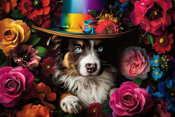 Canvas Print - Australian Sheherd puppy dog victorian style with hat and flower background Illustration