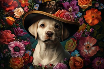 Canvas Print - Labrador retriever puppy dog victorian style with hat and flower background Illustration