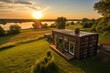Modern shipping container home near lake in sunny day, sustainable eco-friendly tiny house