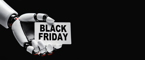 Aufkleber - Close-up of a humanoid robot hand holding a white business card with text Black Friday isolated on black background with copy space. Black Friday Sign. Generative Ai.