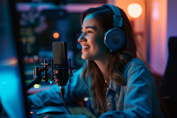 Cheerful female podcaster with headphones and microphone recording a podcast at home studio