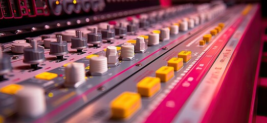 Take a beautiful close-up shot showcasing a sound mixing control panel utilized in the process of recording music and facilitating live telecasts.