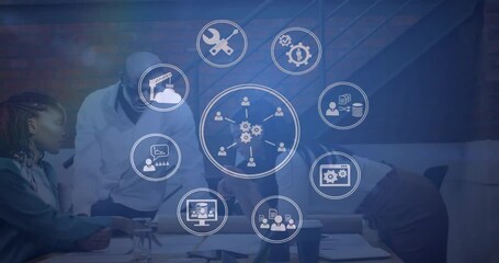 Poster - Animation of network of icons over diverse business people in office