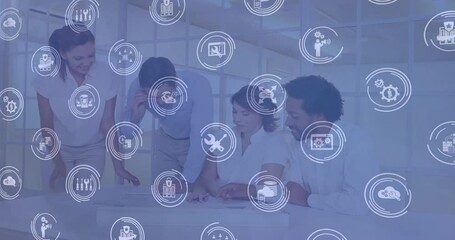 Poster - Animation of network of icons over diverse business people in office