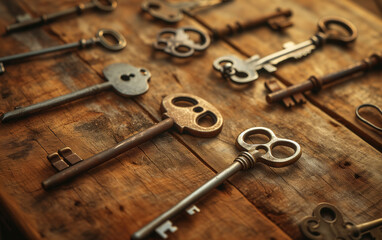 Wall Mural - Assortment of Antique Keys on Rustic Wood