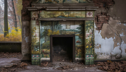 Poster - A closed fireplace is adorned with ceramic tiles that depict serene nature scenes - blending art and functionality - wide format