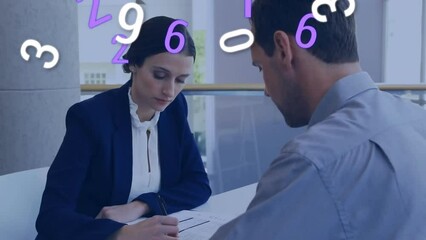 Poster - Animation of numbers processing over diverse business people in office