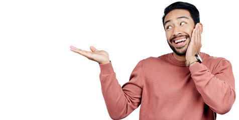 Poster - Hand, offer or shy man with announcement, promo or deal on isolated, transparent or png background. Palm, platform and male model show for prize, giveaway or competition results, feedback or review