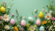 Frühlingsblumen und Ostereier auf grünem Hintergrund mit freiem Platz für Text 