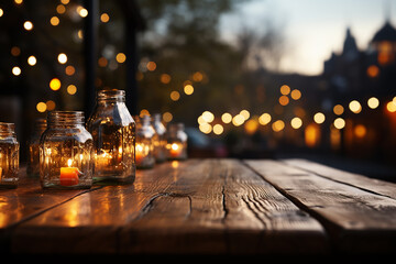 Wall Mural - rustic wooden table with blaured background