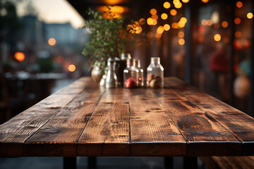 Wall Mural - Empty wooden top table with blur road and tree