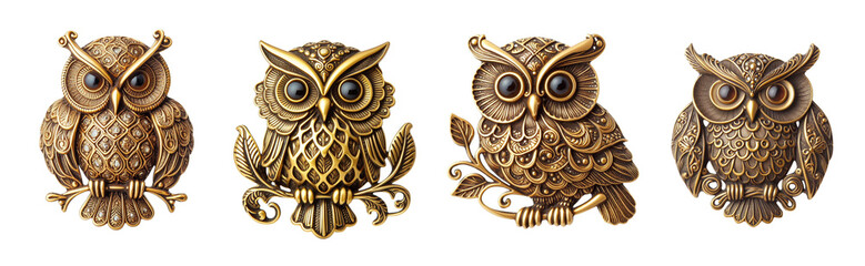 Wall Mural - 4 Old fashioned owl brooch made of gold with intricate design set against a transparent background