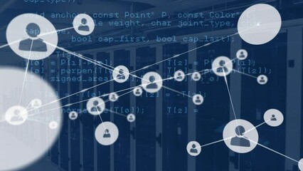 Poster - Animation of network of connections with icons and data processing over computer servers