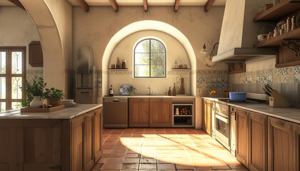 Sticker - Inviting Mediterranean-style kitchen, complete with graceful archways, terracotta tiles, and decor that oozes southern European charm - wide format