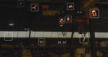 Poster - Animation of eco icons data processing over warehouse