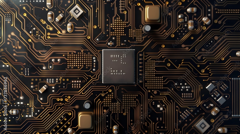 New Computer Chip Technology top view of Microcircuit close-up. Theme of new computer technologies ...