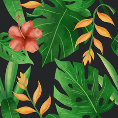 Wall Mural - Watercolor flower and tropical leaves seamless pattern