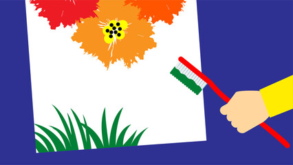 Poster - Illustration of a hand drawing a flower on paper with a toothbrush