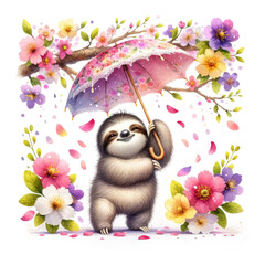 Wall Mural - Cute Sloth Spring Petals Shower. Watercolor Spring Flowers.