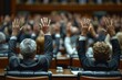 Professionals raising hands in a conference vote