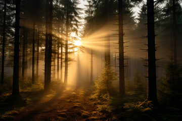 Wall Mural - Sunlight shining through the forest trees in the morning