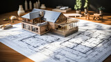 Fototapeta  - Elevating Dreams: House Model Adorns the Table, Symbolizing Real Estate and Architectural Vision. Where Imagination Meets Possibility